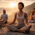 A diverse group of people meditating at sunrise, reflecting self-awareness and the Buddhist path toward enlightenment