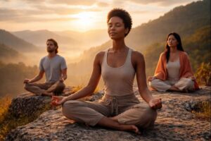 A diverse group of people meditating at sunrise, reflecting self-awareness and the Buddhist path toward enlightenment
