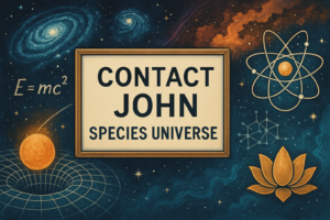 Cosmic illustration blending galaxies, spacetime grid, E=mc², quantum atom, molecular structure, and lotus symbol around a Contact John – Species Universe sign