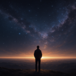 A lone figure standing before a luminous cosmic horizon, symbolizing personal reflection, philosophical exploration, and the interpretive nature of the Species Universe worldview.
