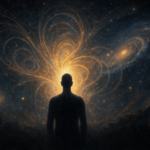 A human silhouette dissolving into a luminous cosmic field, symbolizing the unity of consciousness, quantum reality, and the living universe as presented in the Species Universe Foundational Vision.
