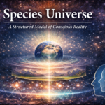 Species Universe banner showing Earth surrounded by layered cosmic structures and network patterns symbolizing a structured model of conscious reality.