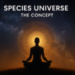 A silhouette of a meditating figure sitting before a glowing mandala with a cosmic star field in the background, symbolizing the unity of consciousness, Nothingness, and the universe explored in the Species Universe Concept.