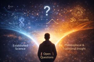 Person standing between three layers representing established science, open scientific questions, and philosophical insight in a framework for understanding reality