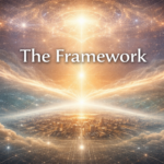 A luminous layered cosmic scene with a radiant central light above a city skyline, titled The Framework, symbolizing a structured model of reality.