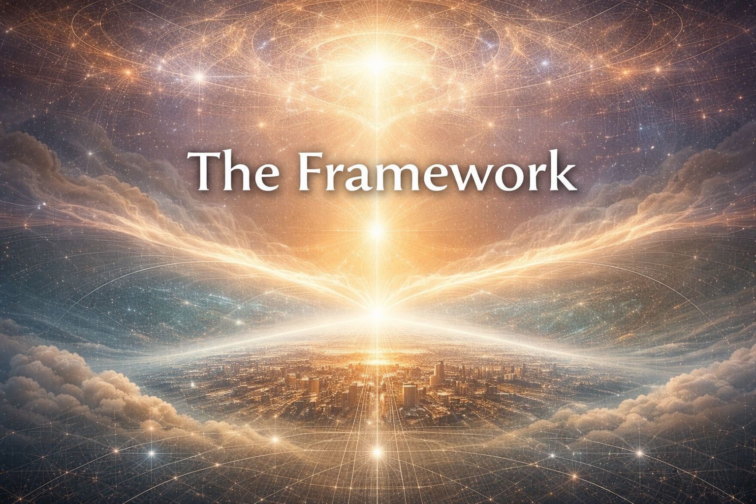 A luminous layered cosmic scene with a radiant central light above a city skyline, titled The Framework, symbolizing a structured model of reality.