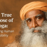 Sadhguru with serene expression and text overlay “The True Purpose of Yoga: Unlocking Human Possibility”