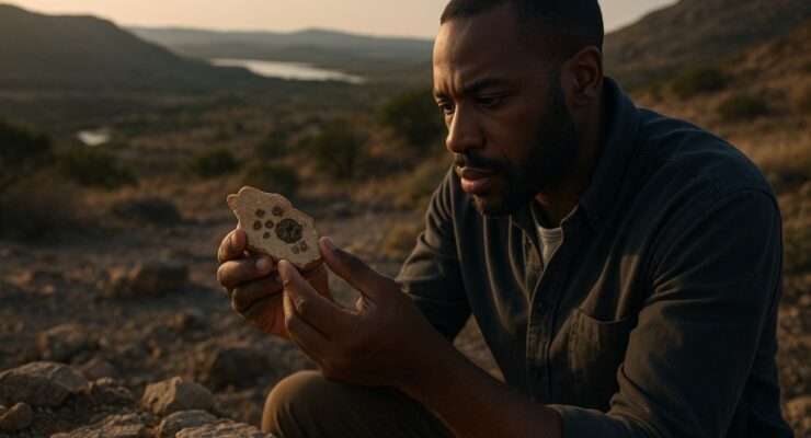 Person working on a computer while addressing 1.7 billion year old fossils