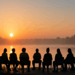 Silhouettes of diverse adults in a 12-Step chair circle at dawn by a calm lake.