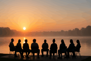 Silhouettes of diverse adults in a 12-Step chair circle at dawn by a calm lake.