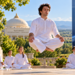 TM-Sidhi Program practitioners meditating together with Maharishi Mahesh Yogi imagery and symbolic representation of Yogic Flying and collective consciousness.