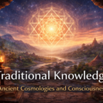 Traditional Knowledge banner showing an ancient temple beneath a geometric cosmological symbol at sunset.