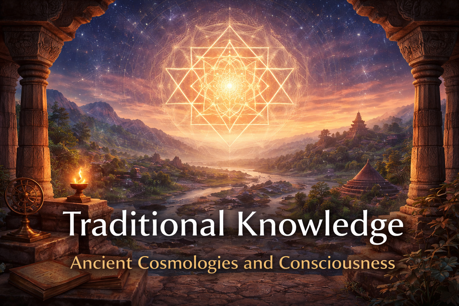 Traditional Knowledge banner showing an ancient temple beneath a geometric cosmological symbol at sunset.
