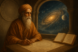 Elderly sage studying sacred geometry with a cosmic galaxy shining through an arched window, symbolizing traditional wisdom and universal insight.