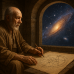 Elderly sage drawing sacred geometry beside an arched window overlooking a bright spiral galaxy, symbolizing ancient wisdom and cosmic insight.