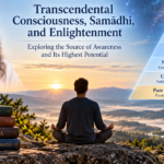 Meditating person with Maharishi Mahesh Yogi and a Vedic consciousness diagram showing pure consciousness, unified field, natural law, mind, and matter.