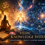 Meditative figure beneath sacred geometry and cosmic scientific imagery representing Vedic Knowledge Systems and the exploration of consciousness and reality.