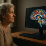 Person working on a computer while addressing aging brain language network