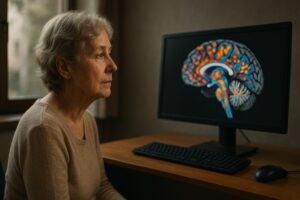 Person working on a computer while addressing aging brain language network