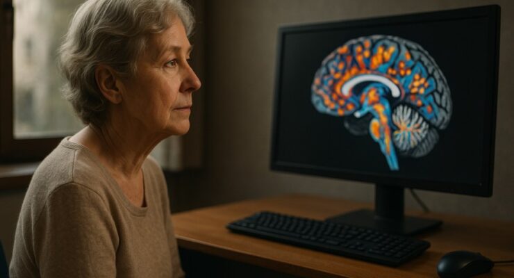 Person working on a computer while addressing aging brain language network