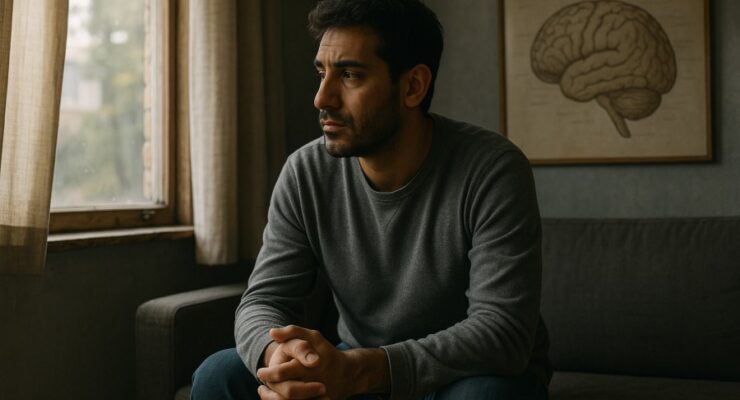 Person working on a computer while addressing male intimate partner violence survivors